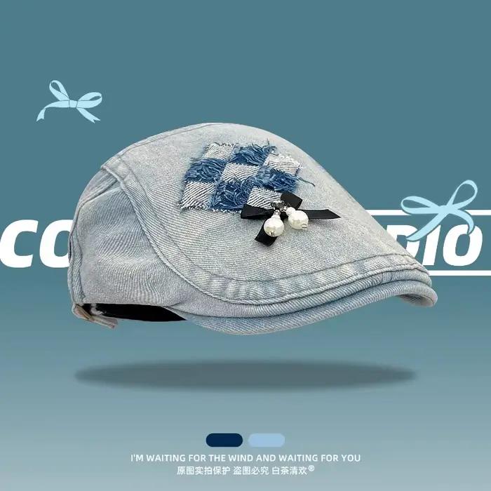 Béret Plaid brodé nœud avant en denim pour femmes, béret sportif printemps automne polyvalent décontracté