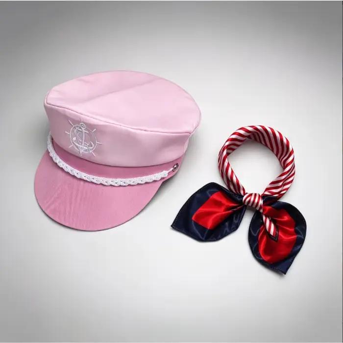 Ensemble chapeau et écharpe en velours rose et bleu marine pour femme