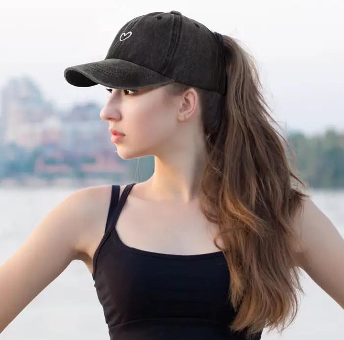Casquettes pour queue de cheval pour femmes - Casquette de baseball effet vieilli avec trou