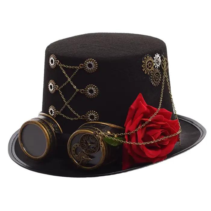 Chapeau haut de forme Steampunk noir unisexe pour femmes et hommes avec lunettes gothiques vintage couvre-chef de fête Cosplay occasions spéciales