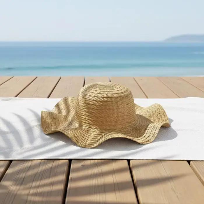 Chapeau de soleil en paille à large bord pour femme 2024