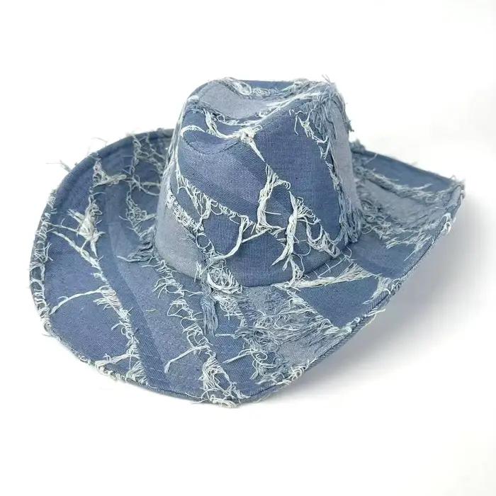 Chapeau de cow-girl vintage en denim vieilli pour femmes et hommes