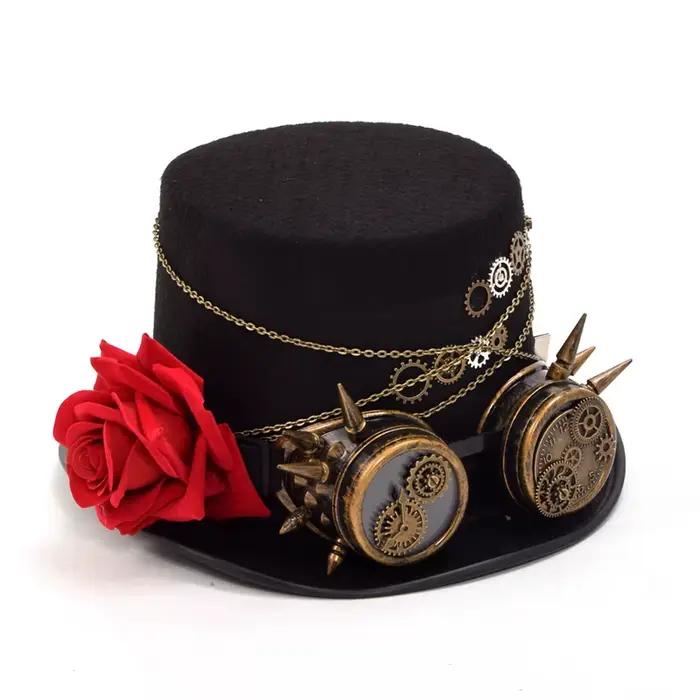 Chapeau haut de forme Steampunk noir unisexe pour femmes et hommes avec lunettes gothiques vintage couvre-chef de fête Cosplay occasions spéciales