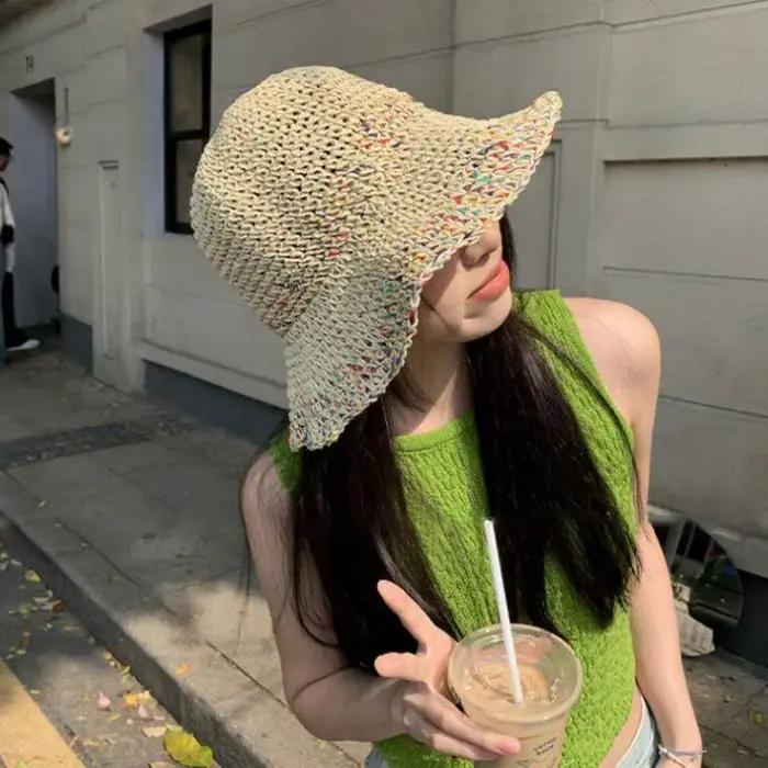Chapeau de paille arc-en-ciel coréen d'été pour femme