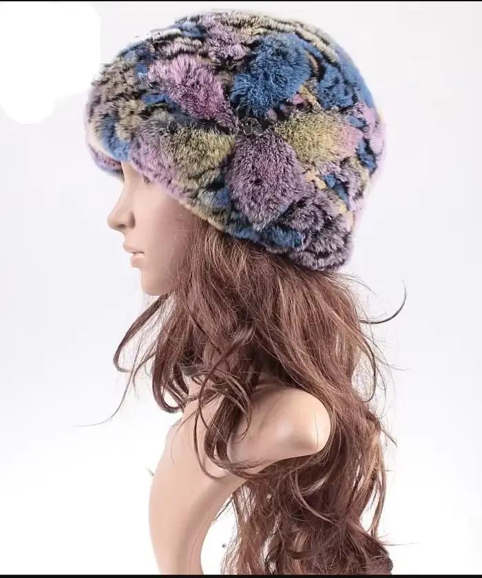 Chapeau en fourrure d'hiver chaud et tendance en tricot de poils de lapin Rex naturel