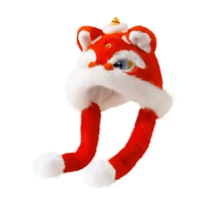 Kawaii cache-oreilles Lion danse chapeau oreilles épaissies peuvent déplacer nouvel an casquette rouge Style chinois