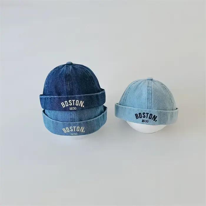 Chapeau sans bord en denim délavé brodé de lettres rétro pour bébé filles et garçons occassions spéciales années 1 à 2
