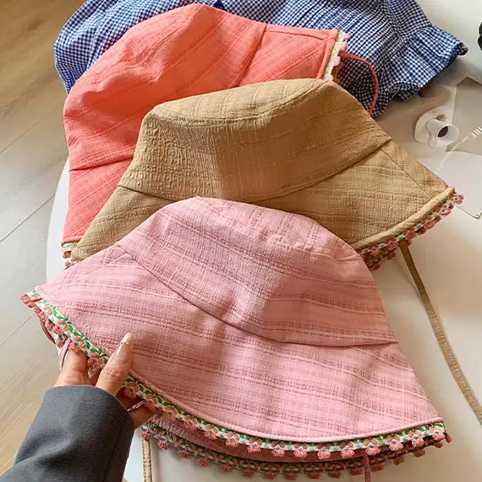 Chapeau de pêcheur pour femmes chapeaux à fleurs douces avec corde coupe vent protection solaire extérieure seau automne voyage printemps