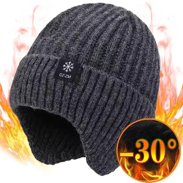 Chapeau tricoté d'hiver pour hommes en plein air avec capuche d'oreille chaude en velours