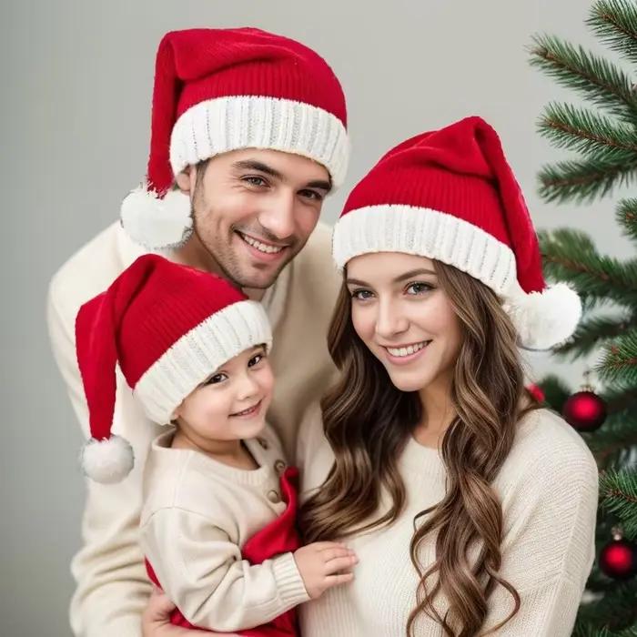 Chapeau de Noël mignon aux pompons pour enfants et adultes, doux et festif, idéal pour Noël et Nouvel An, cadeau hivernal ```