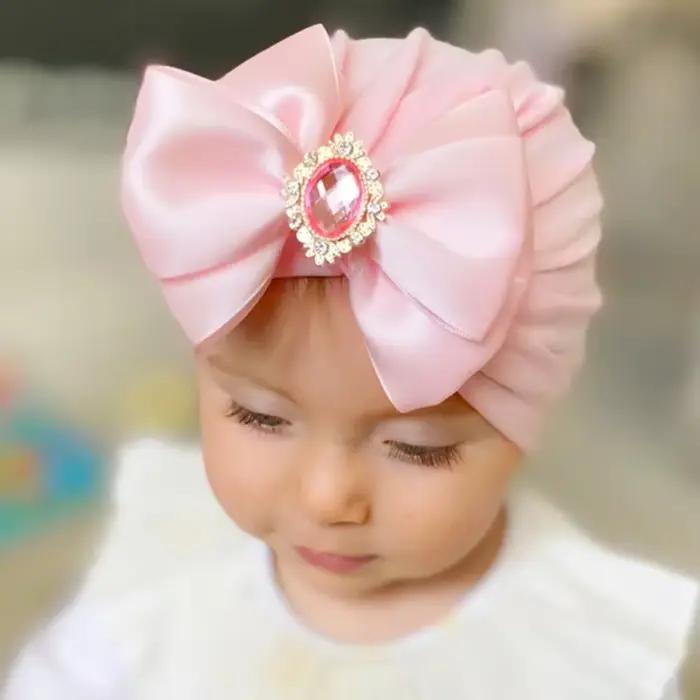 Diamant Bowknot bébé fille chapeau coton rose bonnets pour nouveau-né bandeau infantile grand nœud Turban Bonnet Bebes
