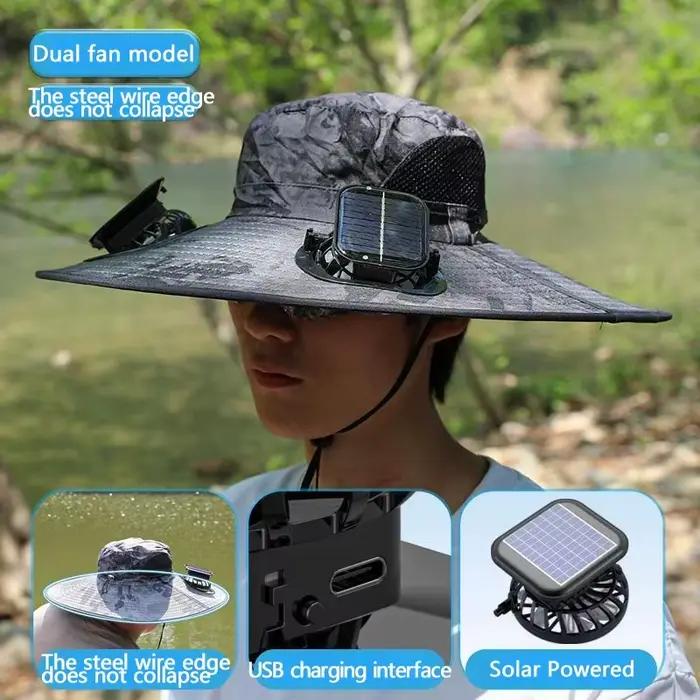 Chapeau solaire à double ventilateur à large bord