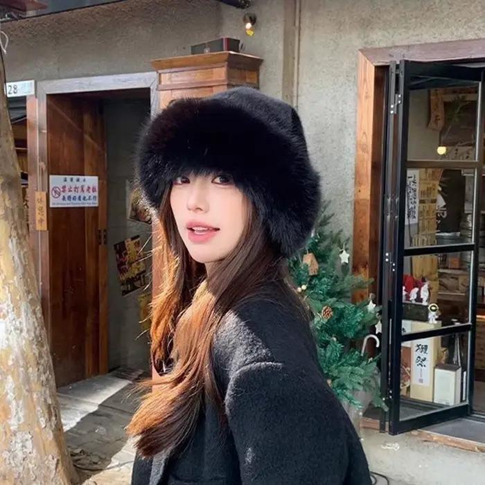 Chapeau seau en fourrure moelleuse pour femmes
