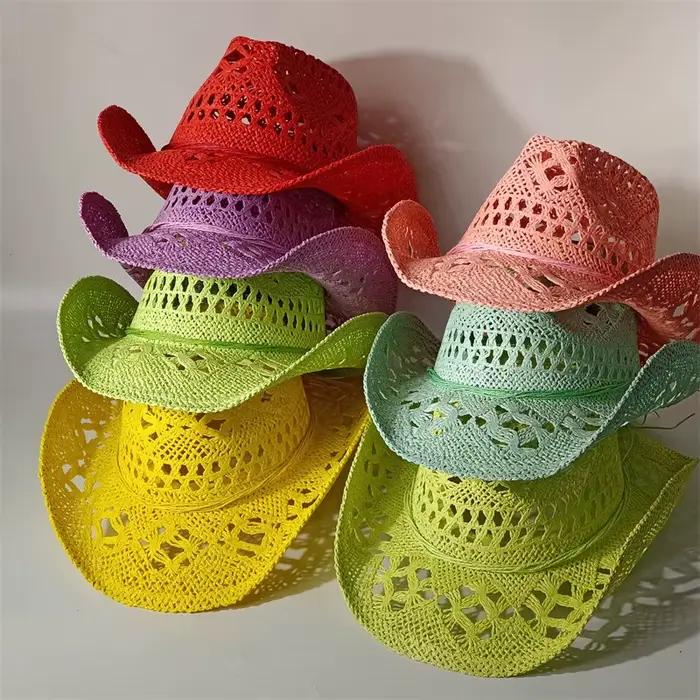 Chapeau de cowboy occidental en paille solide vintage pour femmes et hommes, ajouré, protection solaire, voyage, escalade, pêche