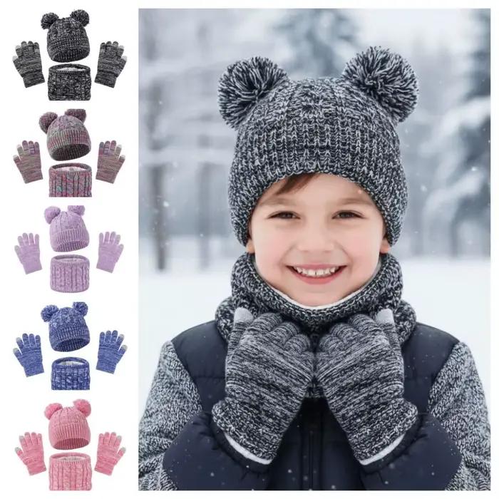 Mignon pompon bébé chapeau écharpe gants ensemble épaissi garder au chaud enfant en bas âge tricoté chapeaux avec