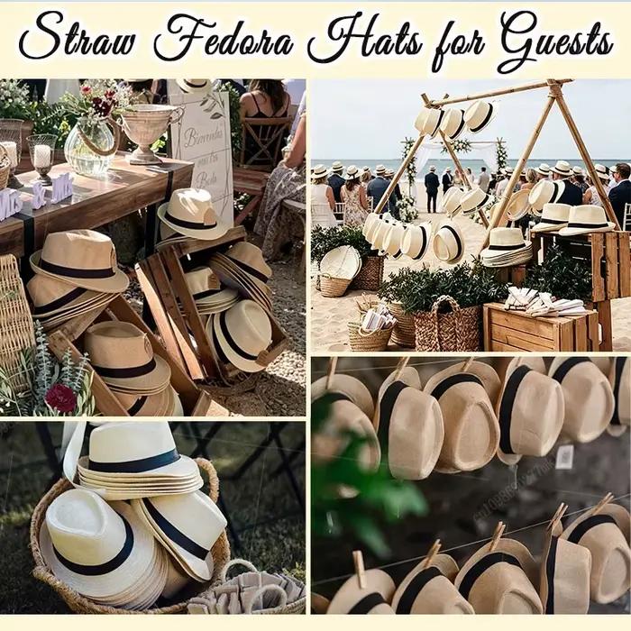 Lot de 6 à 48 chapeaux Fedora en paille pour mariage