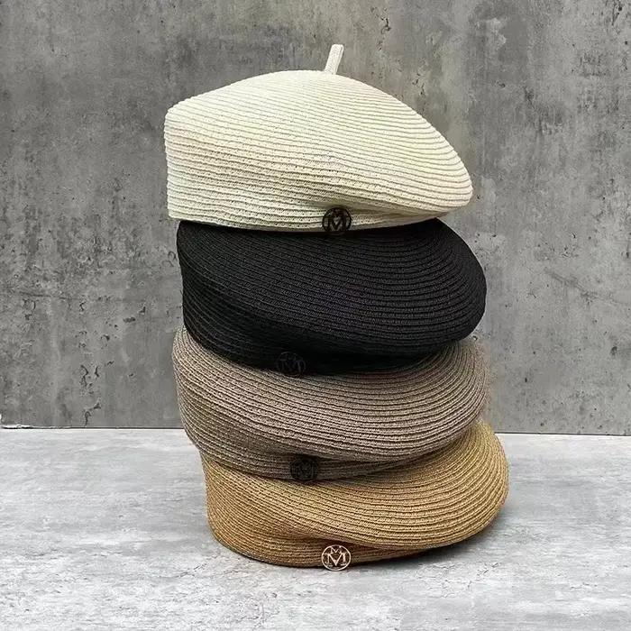 Mode été célébrité élégant stéréotype Fine paille Fedoras lettre béret femmes tourisme rétro décontracté peintre chapeau en gros