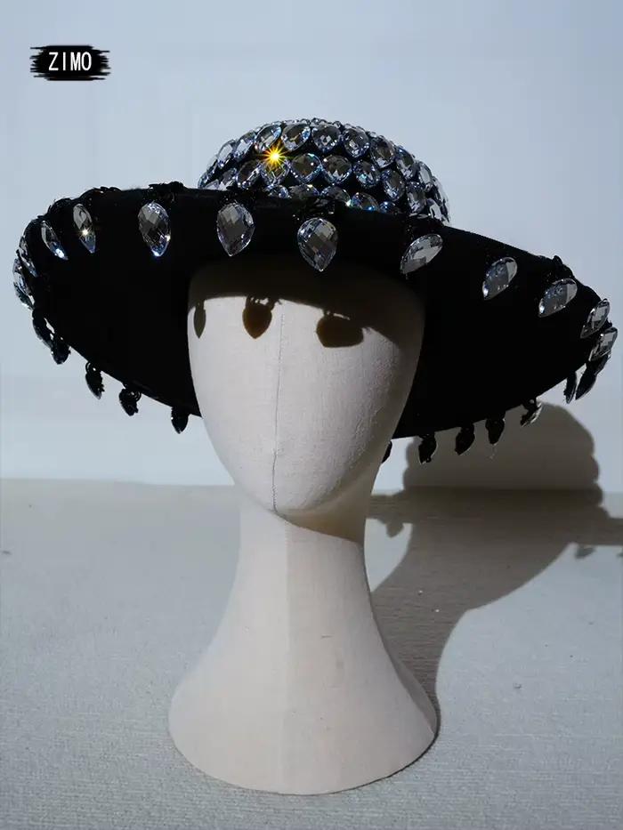 Strass nouveaux hommes Jazz noir chapeau fête scène Performance ajustement Photo Shoot porter célébration spectacle glisser reine Rave