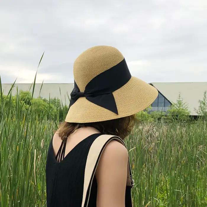 Chapeaux de paille à nœud de ruban noir pliable pour femmes et filles