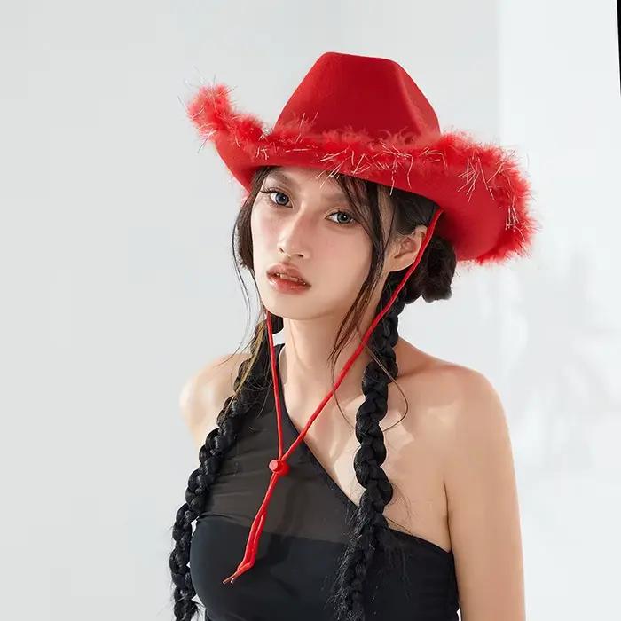 Chapeau de cowboy pour femme garniture en fourrure large bord multifonctionalités pour les quatre saisons style sport occasions spéciales et tenues quotidiennes