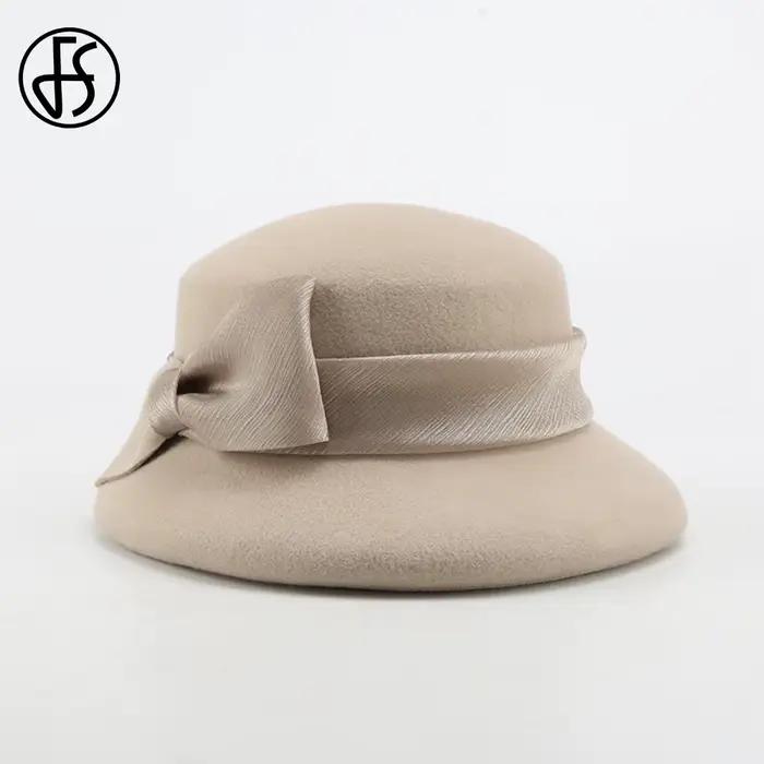 Fedoras en feutre de laine pour femmes avec nœud papillon