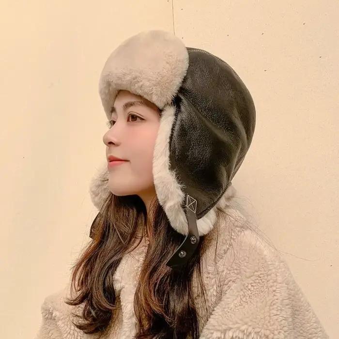 Chapeau de pilote d'hiver en cuir Pu