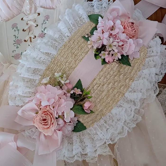 Lolita fleur élégant chapeau plat tissage haut-de-forme