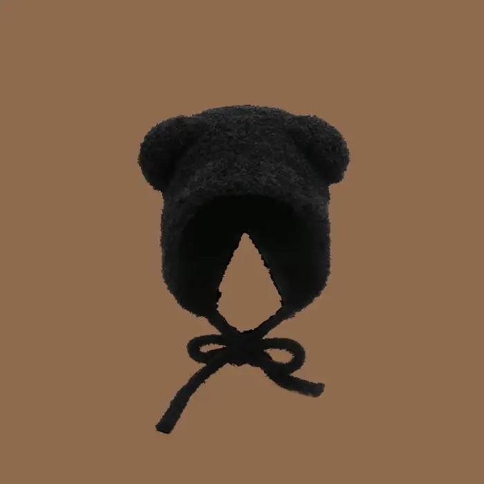 Bonnet chaud et mignon pour femmes avec cache-oreilles de l'ère ours, tricot épais et moelleux pour cyclisme de voyage en plein air, casquette de pull chaude pour automne et hiver