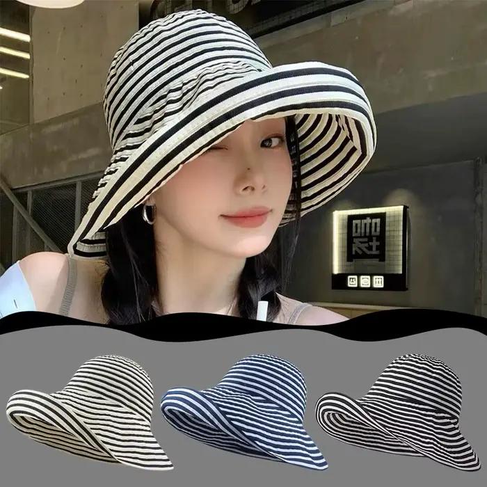 Chapeau de pêcheur rétro rayé à large bord pour femme