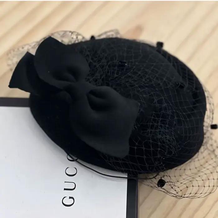 Nouveau chapeau à nœud en laine de cachemire avec voile Style britannique