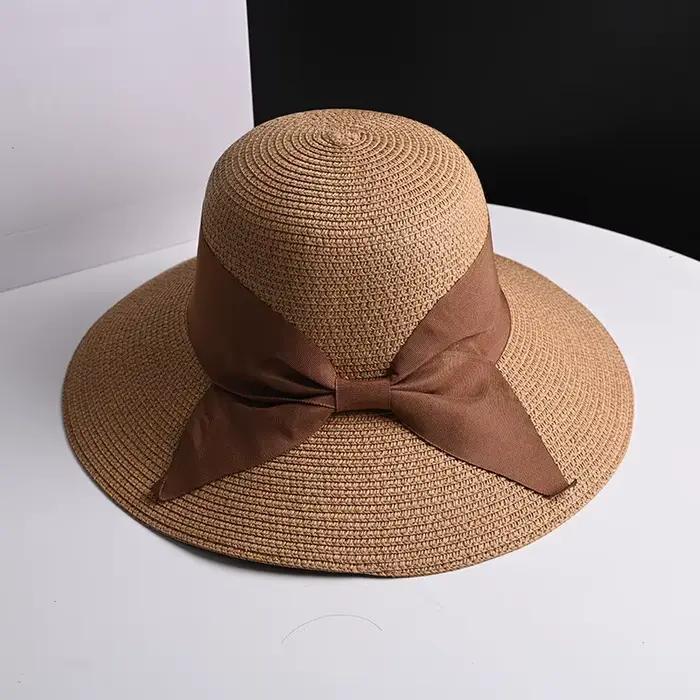 Chapeaux de paille à nœud de ruban noir pliable pour femmes et filles