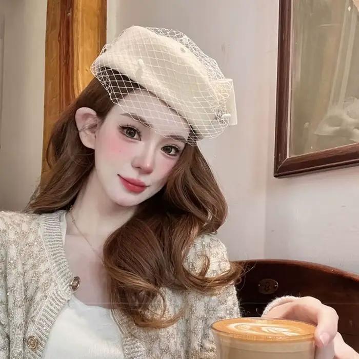 Nouveau chapeau à nœud en laine de cachemire avec voile Style britannique