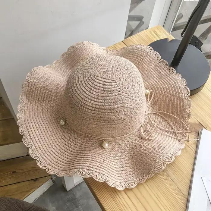 Chapeau de paille pliable style français avec perles et large bord