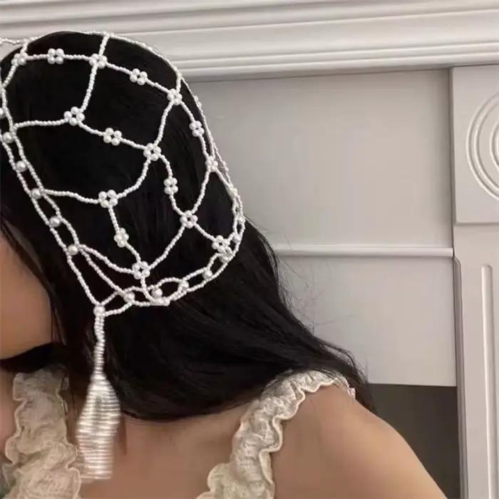 Bonnet tricoté à perles rondes et franges en crochet pour femme