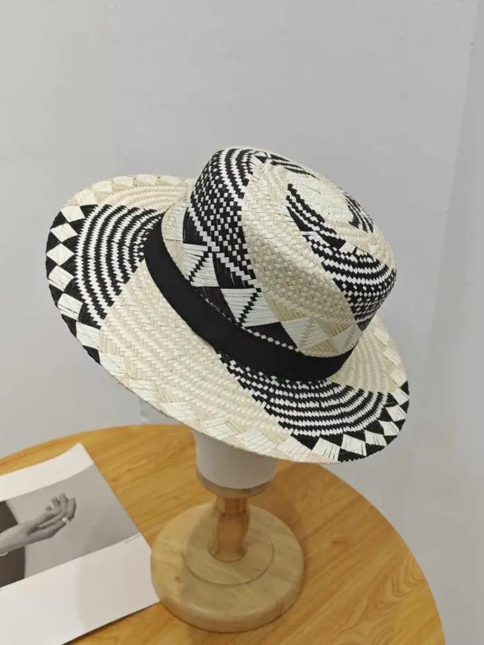 2025 Hot sales New Fashion Flat Top Color Block Straw Hat Elegant Beach Vacation Sun Hat Concave Shape Sun Shade Hat