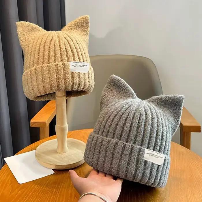 Casquette oreilles de chat mignon automne doux épaissi tricoté chapeaux et hiver chaud Protection