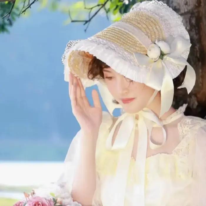 Chapeau de paille Lolita style rural français avec volants en dentelle