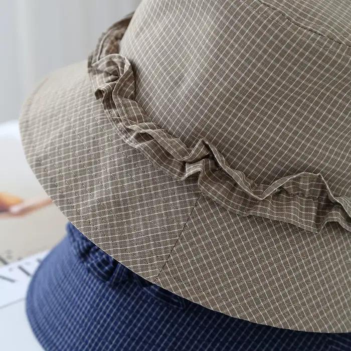 Chapeau de seau pour femme à carreaux avec volants protection solaire style pêcheur occassions décontractées春夏秋冬通用女士渔夫帽方格波浪边防晒多功能春秋夏季使用场合休闲