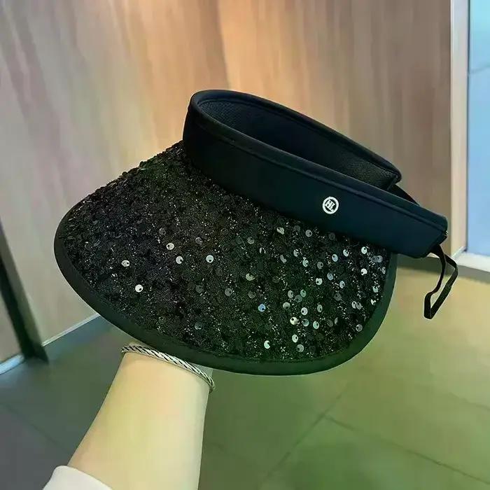 Chapeau pare-soleil à large bord en paillettes protection UV pour femmes idéal pour le golf tennis navigation de plaisance occassions extérieures春夏秋冬四季皆宜女士太阳帽大沿闪钻防紫外线遮阳帽适合高尔夫网球航海