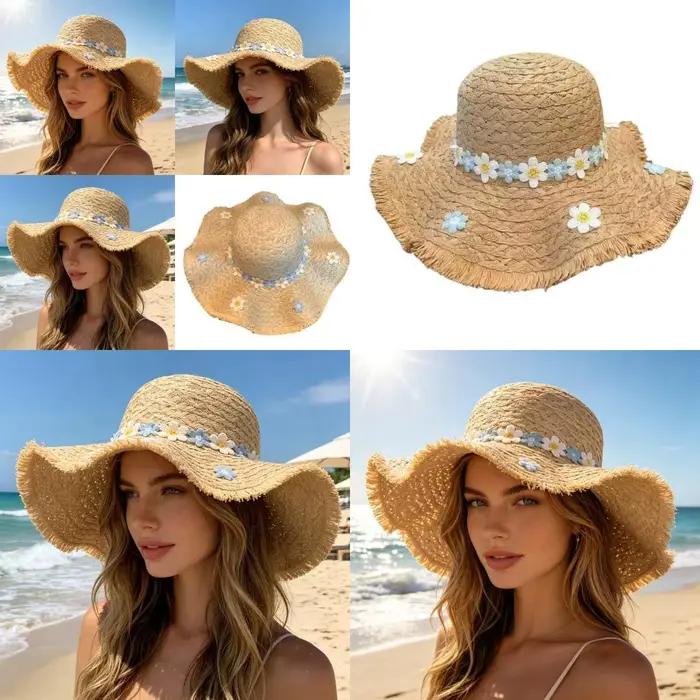 Chapeau paille à fleurs d'été large bord 15cm pour protection solaire et style unique pour enfants 7-13 ans occasions estivales