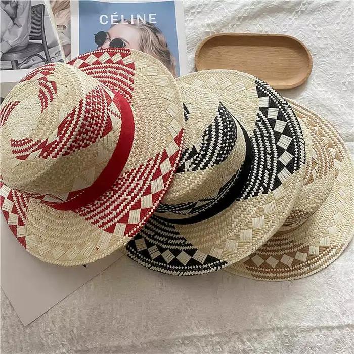 2025 Hot sales New Fashion Flat Top Color Block Straw Hat Elegant Beach Vacation Sun Hat Concave Shape Sun Shade Hat