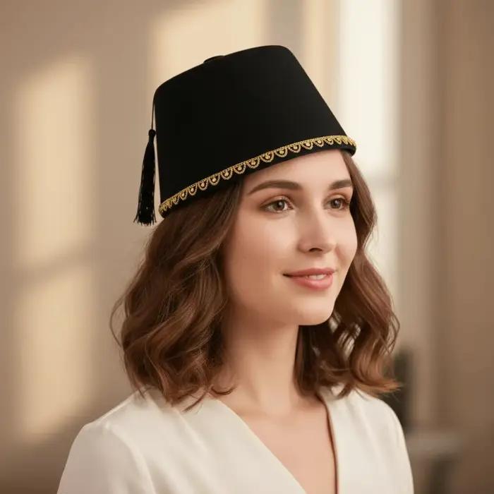 Chapeau Fez Rond Universel en Feutre Respirant Rouge