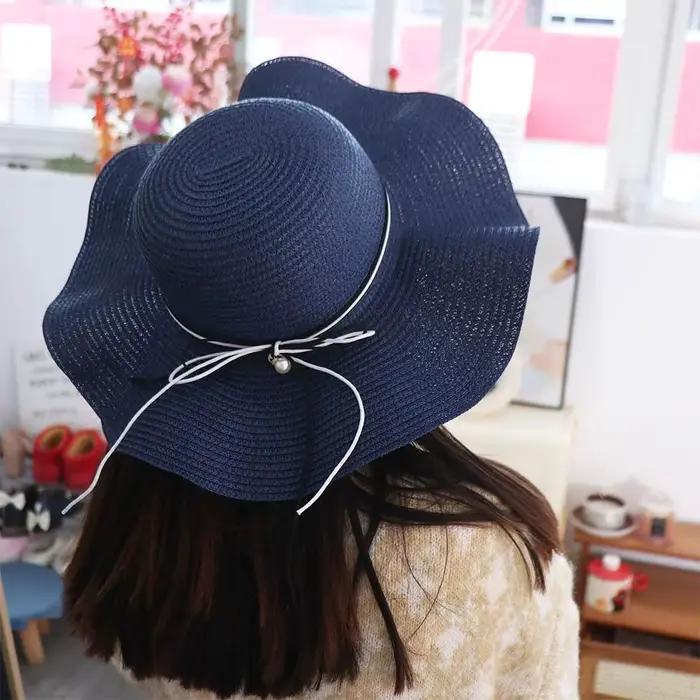 Chapeau de paille pliable style français avec perles
