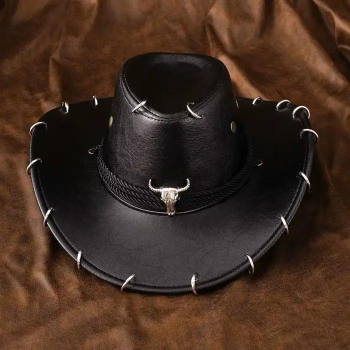 Chapeau de cowboy rétro à large bord en cuir PU