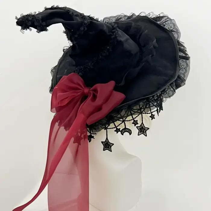 Chapeau de sorcière gothique en dentelle polaire avec nœud papillon pour enfants et adultes occasions spéciales Halloween cosplay princesses magiciennes