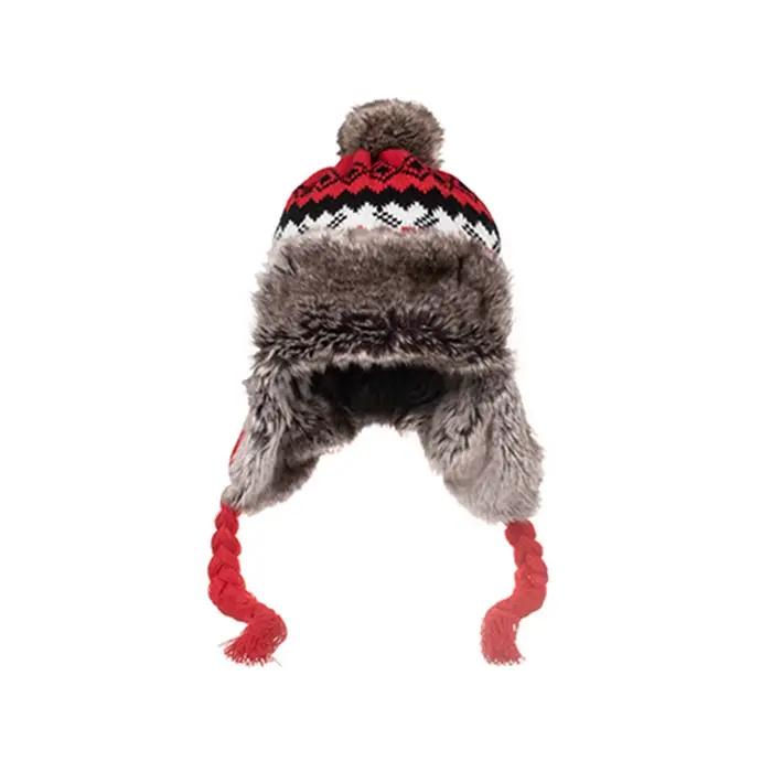 Chapeau d'hiver FS en laine tricotée beige avec pompon en fourrure pour hommes et femmes protection des oreillettes extérieur hiver tricoter bomber帽