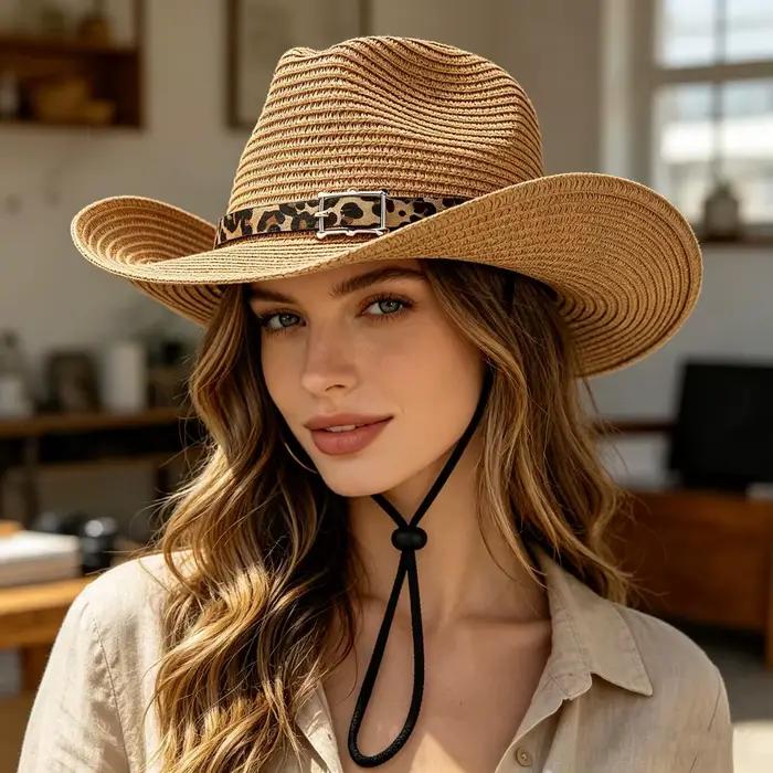 Chapeau de cowboy occidental en paille avec bandeau imprimé léopard