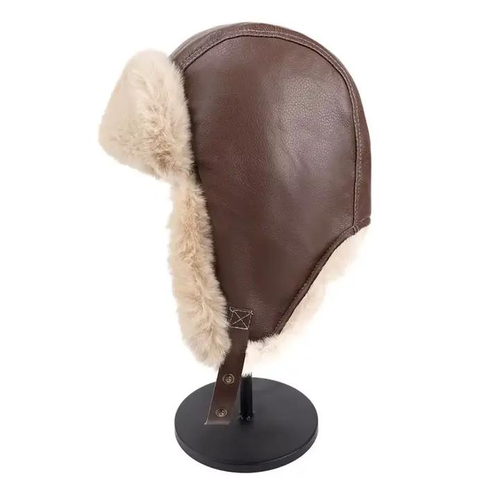 Chapeau de pilote d'hiver en cuir Pu