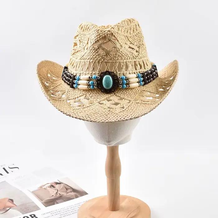 Chapeau de soleil en paille ajouré style bohème pour l'été