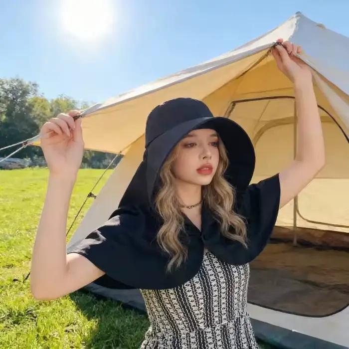 Chapeau de protection solaire pour femme avec rabat cou nylon beige protection UV printemps automne style décontracté occasionnelle sorties plage activités户外活动